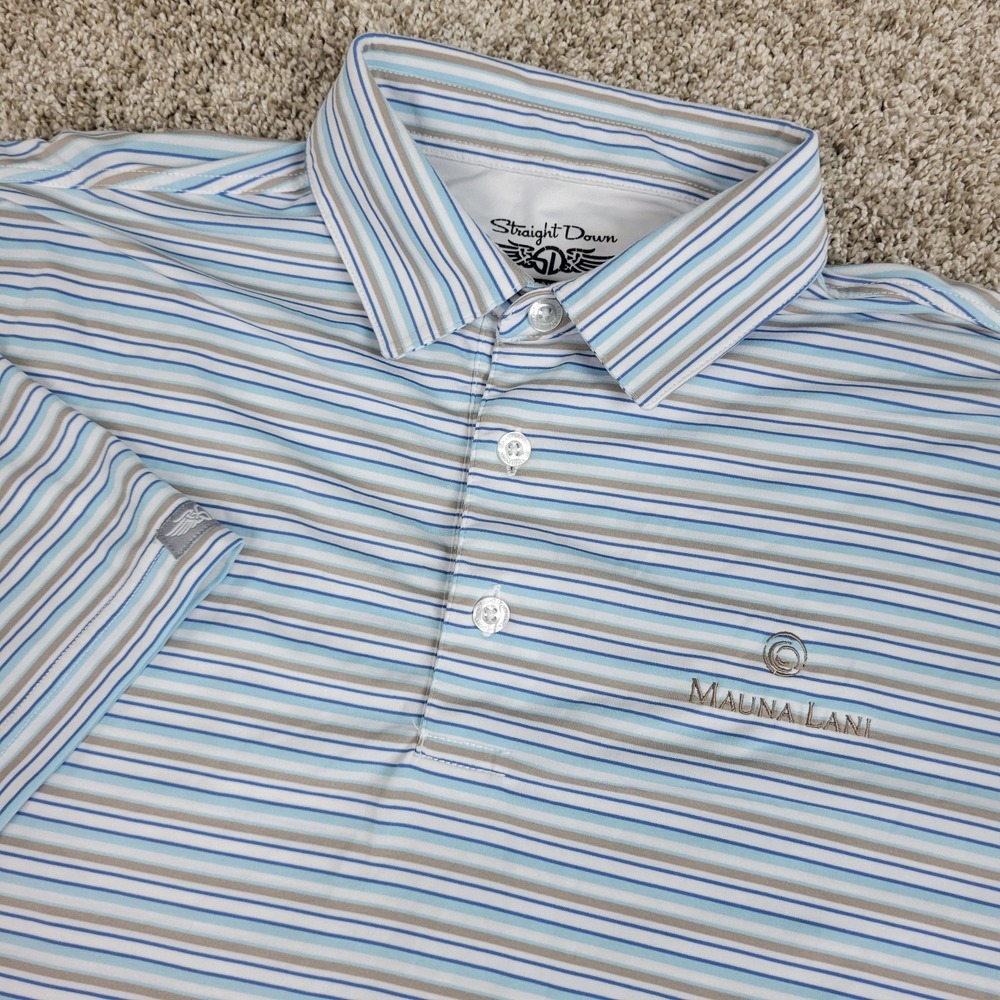 Straight Down Mens Medium White Blue‎ Gold Striped Performance Stretch Golf Polo